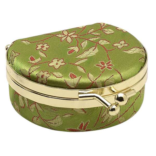 Jewelry box, nylon brocade / velveteen / gold-finished steel, green and multicolored, 2-3/4 x 2-1/4 x 1-1/8 inch hinged 3/4 round with mirror and floral design. Sold individually. image number 0