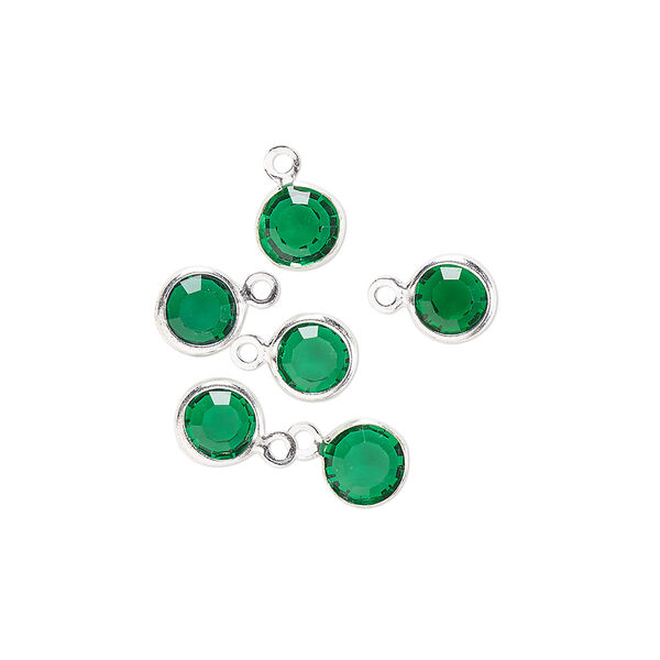 Drop, glass rhinestone and silver-finished brass, emerald green, 6-6.5mm faceted round. Sold per pkg of 6. image number 0