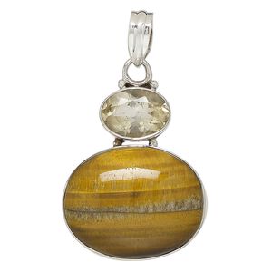 Pendant, tigereye (natural) / citrine (heated) / sterling silver, 35x30mm-37x34mm oval. Sold individually.