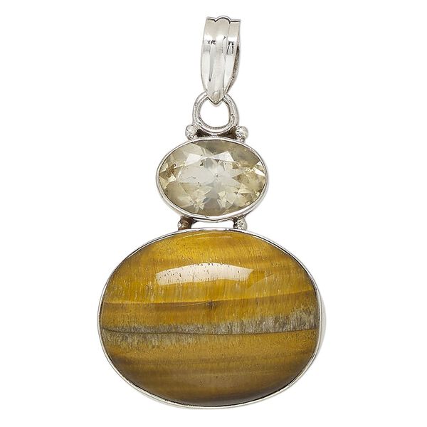 Pendant, tigereye (natural) / citrine (heated) / sterling silver, 35x30mm-37x34mm oval. Sold individually. image number 0