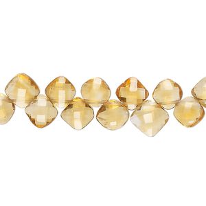 Citrine 1pkg1, hand-cut top-drilled checkerboard-faceted puffed diamond bead 8 inch 6x6mm-8x7mm