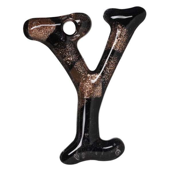 Focal, lampworked glass, semitransparent black and clear with copper-colored glitter, 43x35mm single-sided letter Y with 3.5-4.5mm hole. Sold individually. image number 0