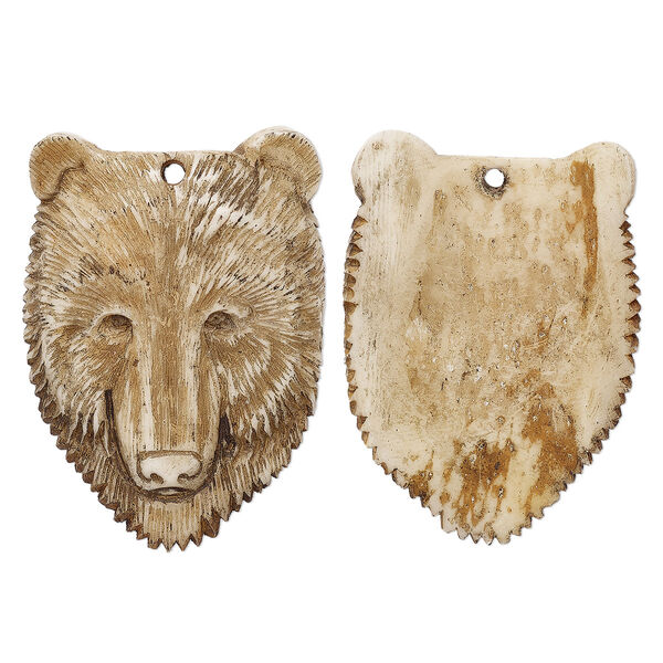 Focal, antiqued bone (dyed), 45x32mm hand-carved single-sided domed bear face, Mohs hardness 2-1/2. Sold individually. image number 0