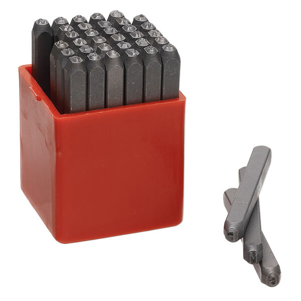 Stamp punch, tempered steel and plastic, grey and red, 2-3/8 x1/4 inches with (36) 1/8 inch alphabet letters A-Z, numbers 0-9 and "&" symbol. Sold per 36-piece set. image number 0