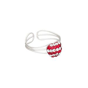 Ring, epoxy / glass rhinestone / silver-plated brass, red and clear, 8mm wide with 9x8mm heart, adjustable. Sold individually.