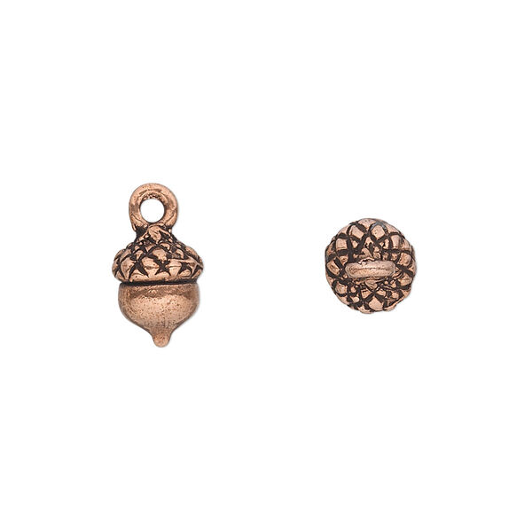 Charm, pewter (tin-based alloy), pkg/1, antique copper plate, 9x8mm 3D acorn. image number 0