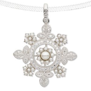 Pendant, cubic zirconia / acrylic pearl / rhodium-plated sterling silver, clear and white, 34x34mm single-sided snowflake with 1.25-1.5mm faceted round and 1-6mm round. Sold individually.