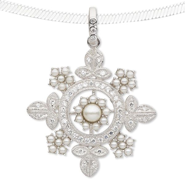 Pendant, cubic zirconia / acrylic pearl / rhodium-plated sterling silver, clear and white, 34x34mm single-sided snowflake with 1.25-1.5mm faceted round and 1-6mm round. Sold individually. image number 0