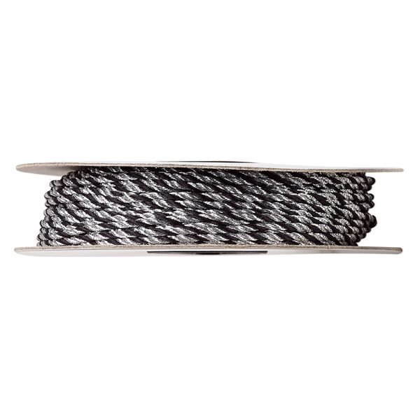 Cord, nylon, black and metallic silver, 2mm round. Sold per 25-foot card. image number 0
