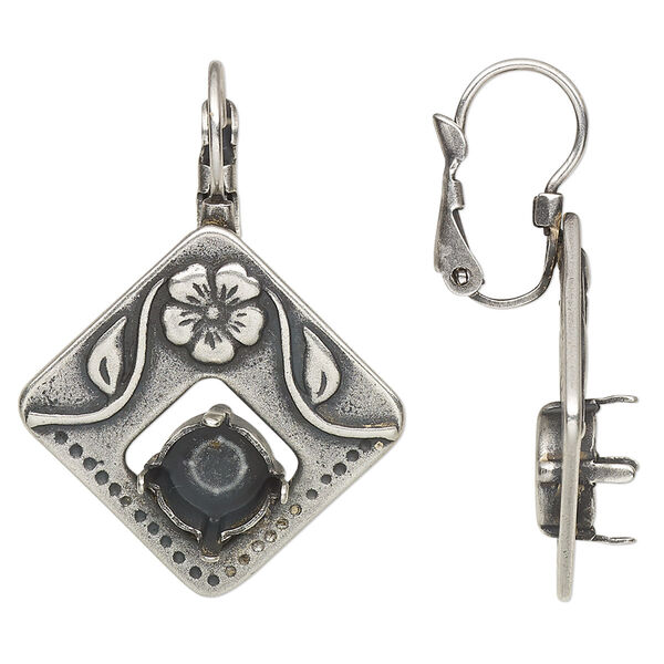 Ear wire, JBB Findings, antique silver-plated pewter (tin-based alloy), 35mm leverback with flower design and SS39 chaton or rivoli 4-prong setting. Sold per pair. image number 0