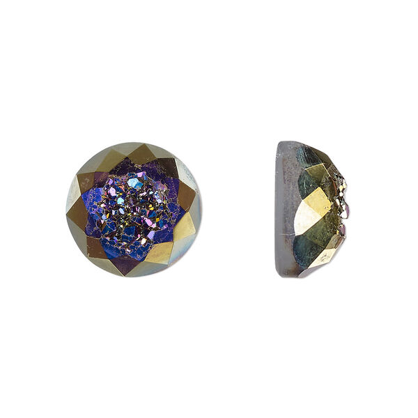 Cabochon, druzy agate (coated), purple and green, 12mm hand-cut loosely calibrated faceted round, B grade, Mohs hardness 7. Sold individually. image number 0