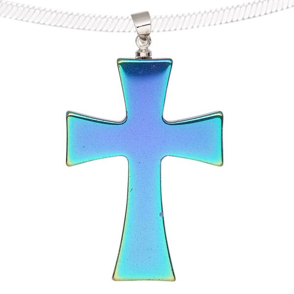 Hemalyke™ / brass 1pkg1, electroplated silver-finished double-sided cross pendant 38x27mm image number 0