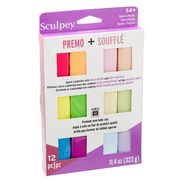 Sculpey&reg; Premo&trade; + Souffl&eacute;&trade; polymer clay 1pkg12, clay 0.9 ounce neon and pastel mixed colors (PE 4075) image number 0