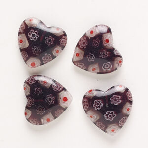 Bead, millefiori glass, pkg/4, translucent multicolored, 18-20mm half-drilled puffed heart.