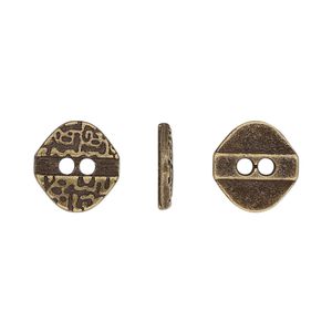 Button, antiqued brass-finished "pewter" (zinc-based alloy), 12x11.5mm single-sided textured flat diamond. Sold per pkg of 50.