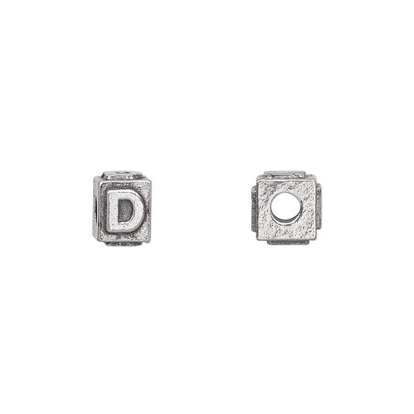 Bead, antiqued pewter (tin-based alloy), 8x6mm rectangle with alphabet letter "D". Sold per pkg of 4. image number 0