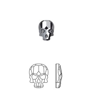 Flat back 2pk jet hematite, Crystal Passions® 10x7.5mm skull 2856
