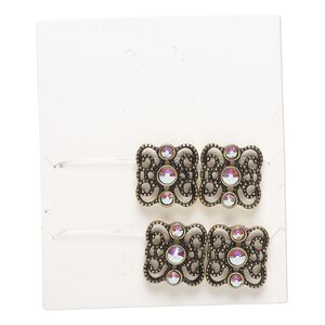 Bead, spacer, "pewter" (zinc-based alloy) and glass, pkg/4, 16x15mm 2-strand fancy square, fits up to 8.5mm beads, antique gold finish and clear AB.