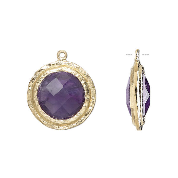 Drop, amethyst (natural) and gold-finished sterling silver, 17mm double-sided faceted round with hammered edge. Sold individually. image number 0