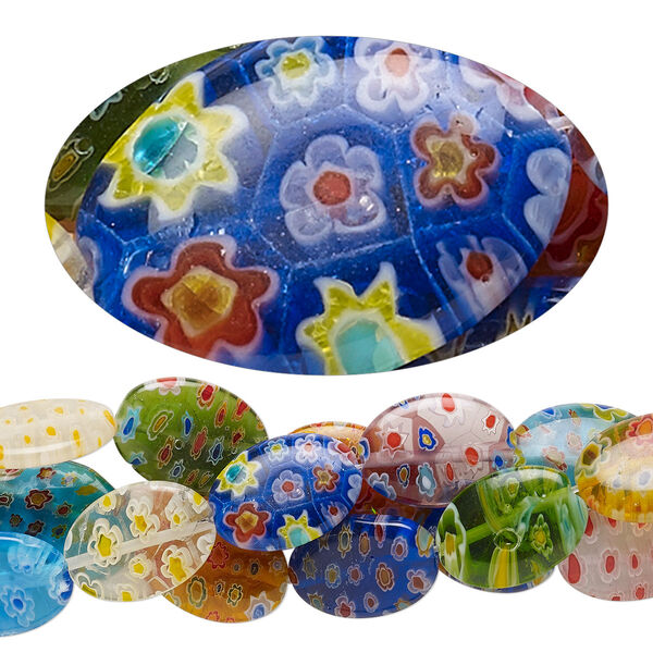 Bead, millefiori glass, translucent multicolored, 17x13mm-18x13mm puffed oval with 0.6-0.8mm hole. Sold per pkg of (3) 15-inch strands. image number 0