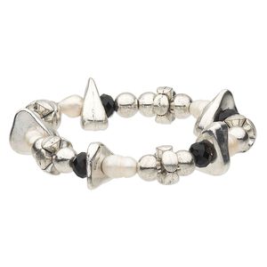 Bracelet, stretch, cultured freshwater pearl (bleached) / glass / antique silver-finished "pewter" (zinc-based alloy), black and white, 17mm wide with potato, 6-1/2 inches. Sold individually.