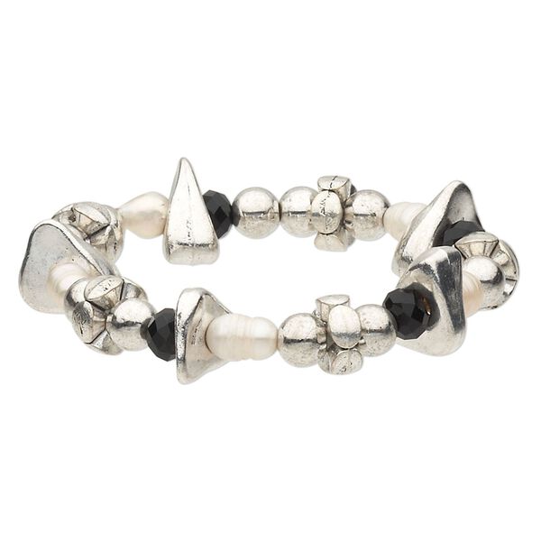 Bracelet, stretch, cultured freshwater pearl (bleached) / glass / antique silver-finished "pewter" (zinc-based alloy), black and white, 17mm wide with potato, 6-1/2 inches. Sold individually. image number 0