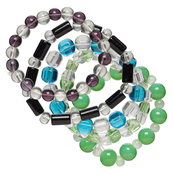 Bracelet mix, stretch, glass, two-tone multicolored, 8-9mm mixed shapes, 6 inches. Sold per pkg of 5. image number 0