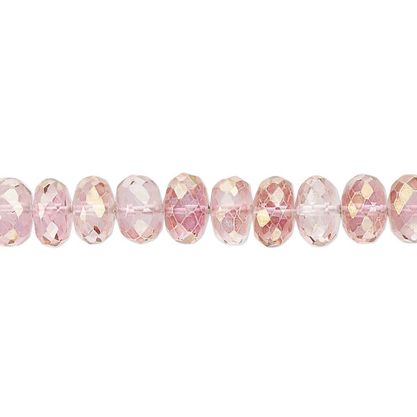 Bead, quartz crystal (coated), pink and peach, 7x4mm-8x6mm hand-cut faceted rondelle, B grade, Mohs hardness 7. Sold per 7-inch strand, approximately 40 beads. image number 0