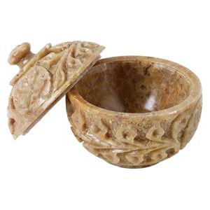 Soapstone 1pkg1, hand-carved round trinket box / flower / vine design lacquered 3.75x3.5 inch