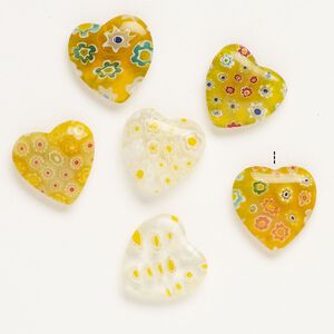 Bead, millefiori glass, translucent yellow and multicolored, 16-18mm half-drilled puffed heart. Sold per pkg of 6.