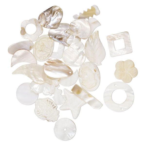 Focal / drop / bead mix, mother-of-pearl shell and blister pearl shell (bleached), 29x11mm-45x33mm mixed shapes, Mohs hardness 3-1/2. Sold per 1/4 pound pkg, approximately 25 pieces. image number 0