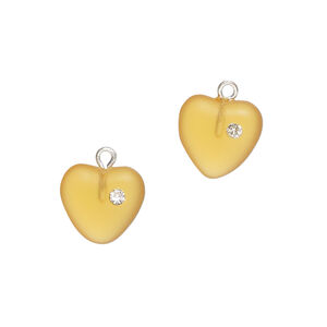 Drop 1pkg2, silver-plated brass / glass / cubic zirconia, translucent amber and clear, 11mm frosted heart.