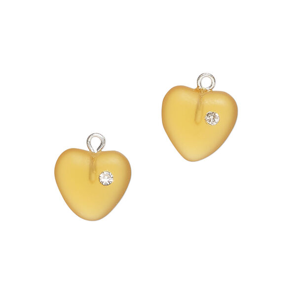 Drop 1pkg2, silver-plated brass / glass / cubic zirconia, translucent amber and clear, 11mm frosted heart. image number 0