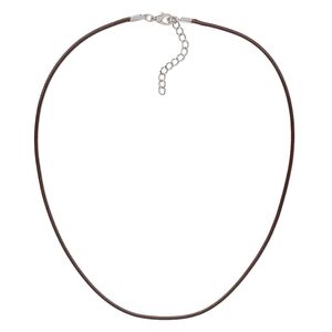 Necklace cord, imitation leather with imitation rhodium-finished steel and "pewter" (zinc-based alloy), brown, 2mm wide, 16 inches with 1-1/2 inch extender chain and lobster claw clasp. Sold per pkg of 10.