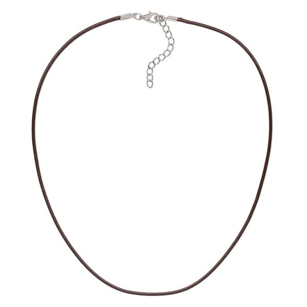Necklace cord, imitation leather with imitation rhodium-finished steel and "pewter" (zinc-based alloy), brown, 2mm wide, 16 inches with 1-1/2 inch extender chain and lobster claw clasp. Sold per pkg of 10. image number 0