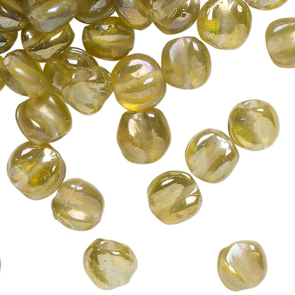 Bead, lampworked glass, translucent yellow-green luster, 8mm twisted flat round. Sold per 2-ounce pkg, approximately 145 beads. image number 0