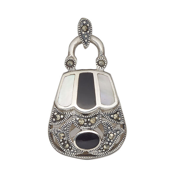 Marcasite / black onyx / mother-of-pearl shell 1pkg1, purse charm 32x20mm image number 0