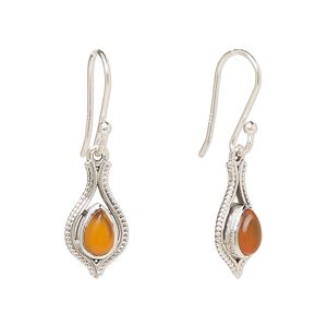 Earring, Create Compliments®, antiqued sterling silver and carnelian (dyed/heated), fishhook, 29.5mm with 15x9mm single-sided open beaded teardrop, 21 gauge. Sold per pair.