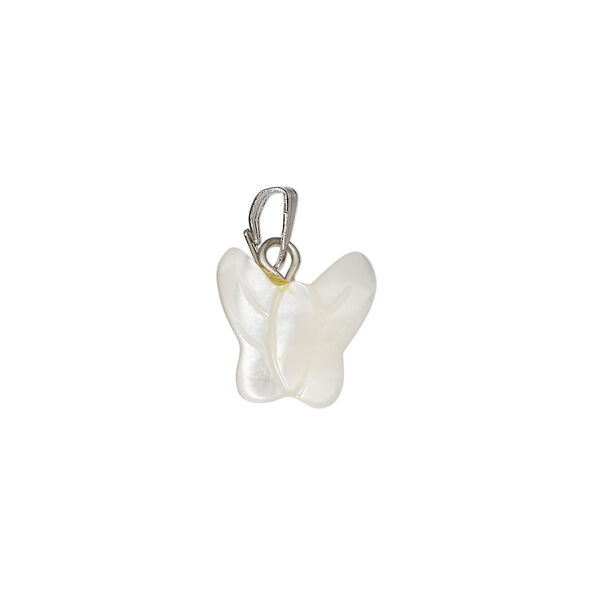 Pendant, mother-of-pearl shell (bleached) / antique silver-finished "pewter" (zinc-based alloy) / steel, 12x11mm-15x12mm single-sided carved butterfly. Sold individually. image number 0