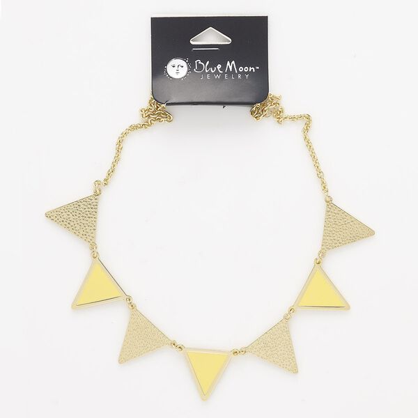 Necklace, enamel / gold-finished "pewter" (zinc-based alloy) / steel, yellow, 28x28x24mm triangle, 18 inches with 2-1/2 inch extender chain and lobster claw clasp. Sold individually. image number 0