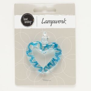 Pendant, lampworked glass, translucent and transparent aqua blue and clear, 42x38mm heart. Sold individually.