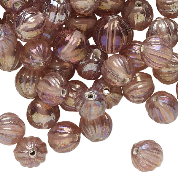 Bead, lampworked glass, translucent pink luster, 8mm corrugated round. Sold per 2-ounce pkg, approximately 90 beads. image number 0
