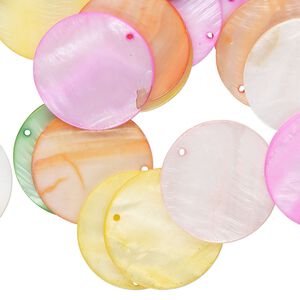 Focal mix, mother-of-pearl shell (bleached/dyed), mixed colors, 30mm flat round, Mohs hardness 3-1/2. Sold per pkg of 100.