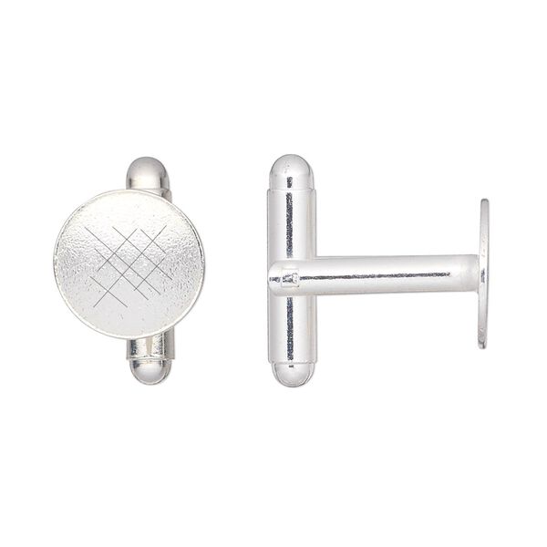 Cuff link, silver-finished brass, 12mm flat round pad. Sold per pkg of 2 pairs. image number 0