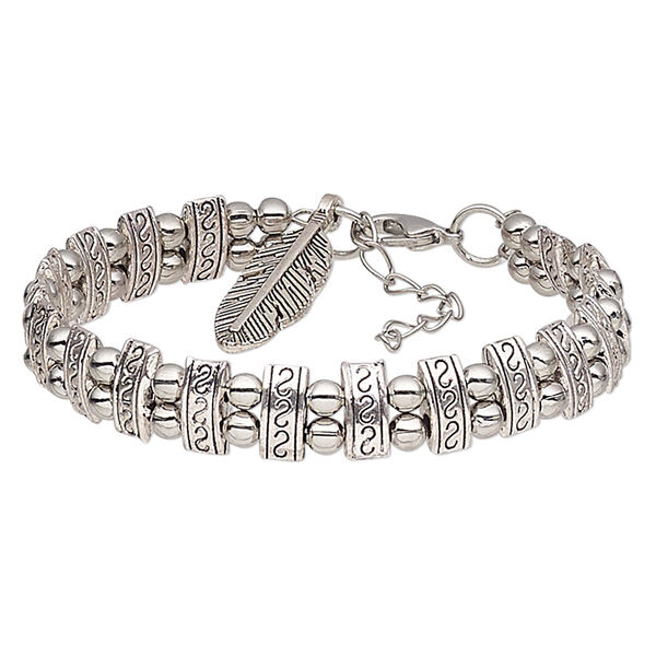Bracelet, antique silver-plated steel and pewter (tin-based alloy), 10mm wide with round and rectangle design with feather dangle, 6-1/2 inches with 1-1/4 inch extender chain and lobster claw clasp. Sold individually. image number 0