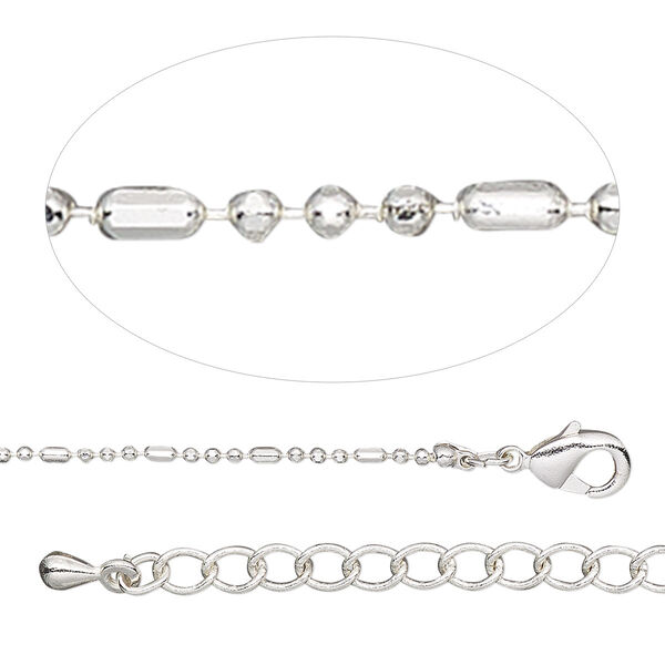 Chain, silver-plated brass, 1.2mm fancy ball, 18 inches with 2-inch extender chain and lobster claw clasp. Sold individually. image number 0