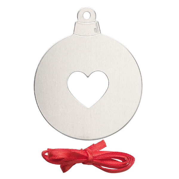 Ornament, ImpressArt®, aluminum and polyester, 2-1/4 x2 inch ball with cutout heart with ribbon. Sold per pkg of 3. image number 0