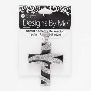 Pendant, silver-finished "pewter" (zinc-based alloy) / glass / enamel, black and clear, 2-7/8 x 1-7/8 inch cross. Sold individually.