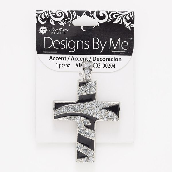 Pendant, silver-finished "pewter" (zinc-based alloy) / glass / enamel, black and clear, 2-7/8 x 1-7/8 inch cross. Sold individually. image number 0