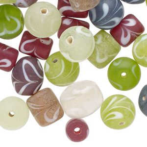 Bead mix, lampworked glass, opaque and translucent mixed colors with swirls, 10x9mm-13x12mm mixed shapes. Sold per 3-ounce pkg, approximately 60 beads.